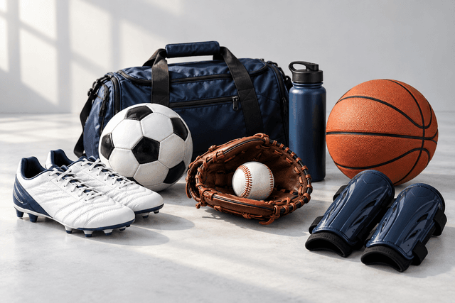 Sports shoes, balls and equipment